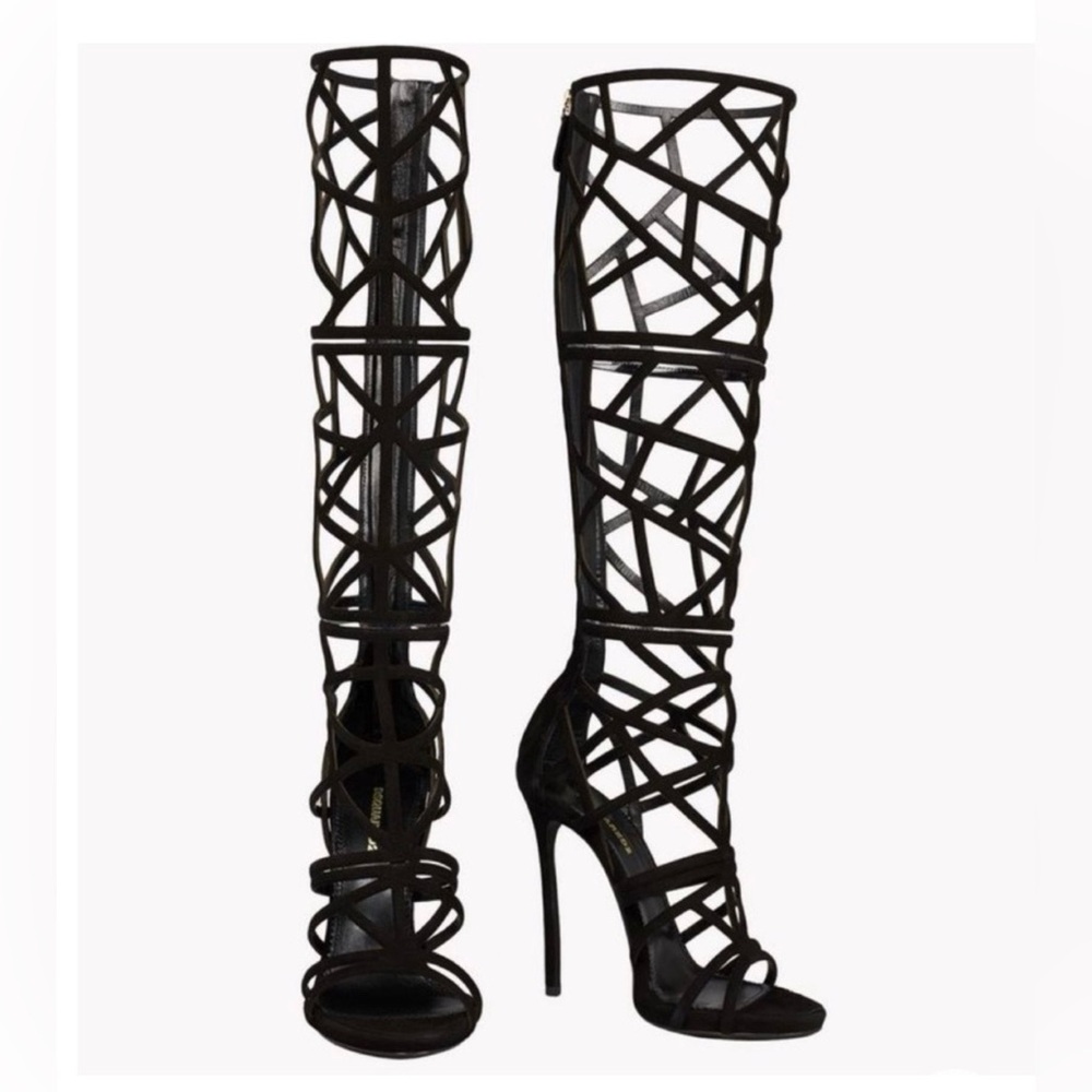 DSQUARED Black Strappy Geometric Knee-High Heeled Boots - Picture 2 of 11